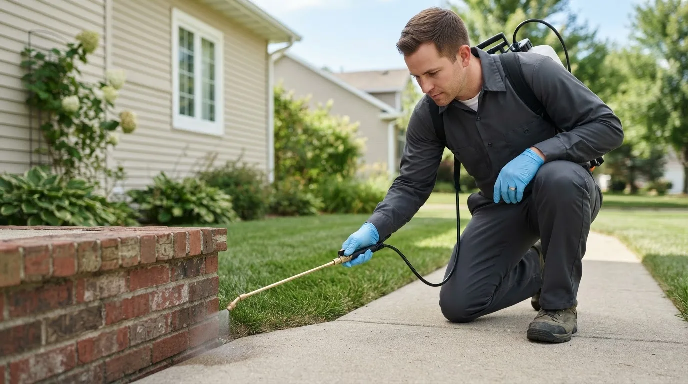 Pest control technician treating a home near Ardmore, AL
